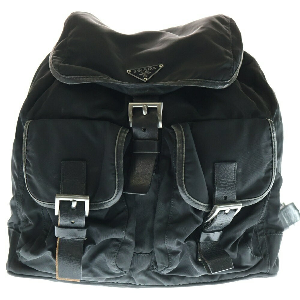 PRADA Triangle Plate Backpack Shoulder Bag Black Tessuto